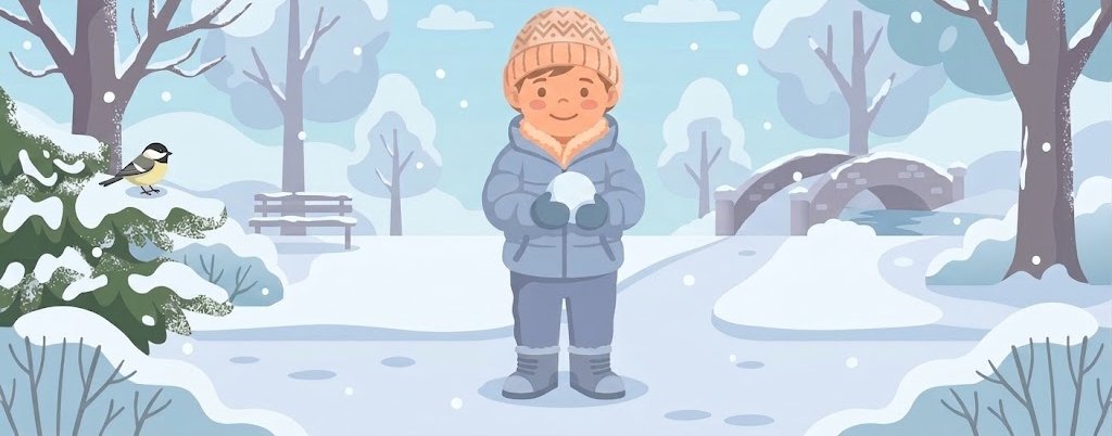 Ребенок в вязаной шапке и зимней куртке держит снежок в заснеженном парке