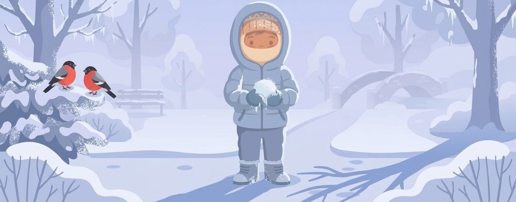 Ребенок в пуховике с плотно затянутым капюшоном в сильный мороз, вокруг иней и снегири