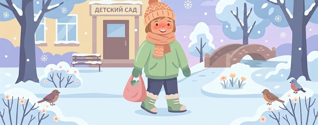 Ребенок в зимней куртке и вязаной шапке с сумкой у входа в детский сад, вокруг снег и заснеженные деревья