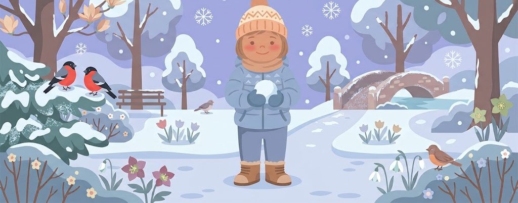 Ребенок в зимней куртке, шапке с помпоном и теплых ботинках держит снежок, вокруг снегири и заснеженные деревья